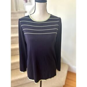 Exclusively Misook Navy & Green Stripe Crewneck Long Sleeve Blouse